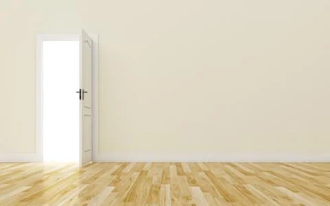Opened White Door on brown Wall, Wood Floor Stock Illustration