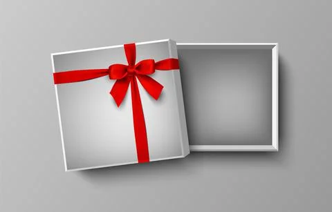 Opened white empty gift box with red bow and ribbon, vector illustration Illustrazione stock