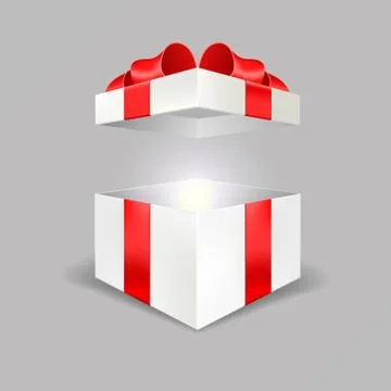 Opened white gift box empty angle front view 3D with red bow and lights isolated Stock Illustration