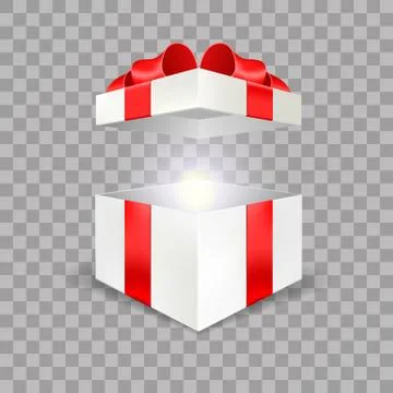 Opened white gift box empty angle front view 3D with red bow and lights isolated Stock Illustration