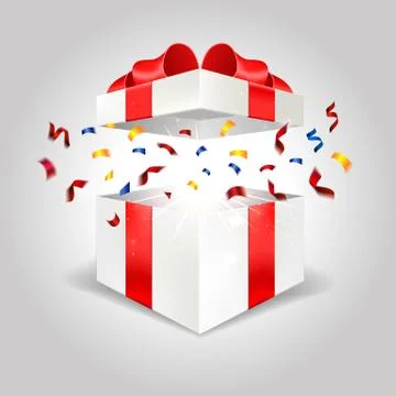Opened white gift box empty angle front view 3D with red bow and lights isolated Stock Illustration