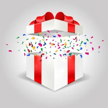 Opened white gift box empty angle front view 3D with red bow and lights isolated Stock Illustration