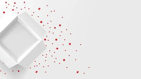 Opened white gift box with red confetti on white table. 3d banner with copy s 库存插图