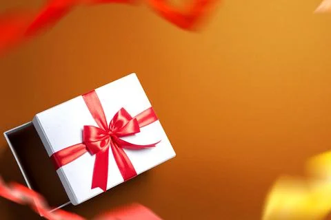 Opened a white gift box with a red ribbon with a colored background Stock Photos