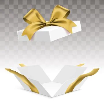 Opened white gift box with shiny golden ribbon on transparent background. Stock Illustration