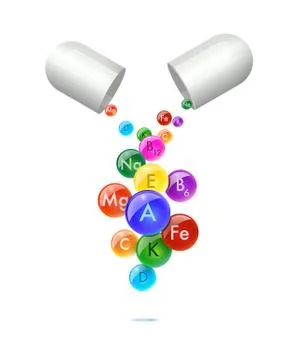 Opened white pill with falling colorful vitamin balls isolated on white Stock Illustration