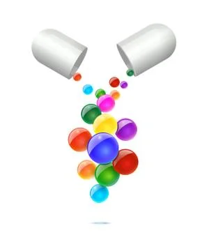 Opened white pill with falling colorful balls isolated on white background Stock Illustration