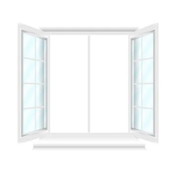 Opened white window with blue glasses on white background Illustrazione stock
