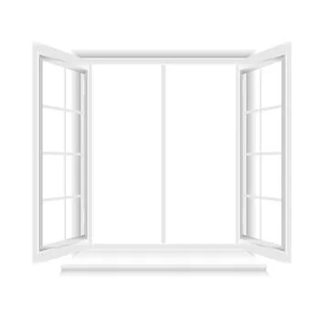 Opened white window frame on white background Illustrazione stock