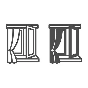 Opened window and curtain line and solid icon, interior design concept, window 스톡 일러스트