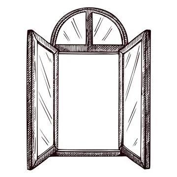 Opened window arch sketch isolated. Retro element inside wall in hand drawn s Ilustración de archivo