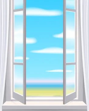 Opened window in interior, view on landscape, spring, curtains. Vector Illustrazione stock