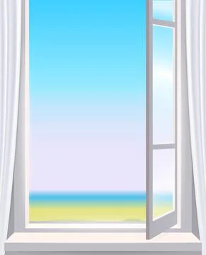 Opened window in interior, view on landscape, spring, curtains. Vector illust Illustrazione stock