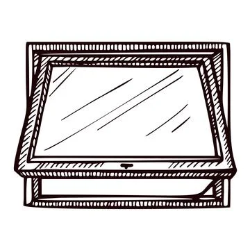 Opened window lean forward sketch isolated. Retro element inside wall in hand Ilustración de archivo