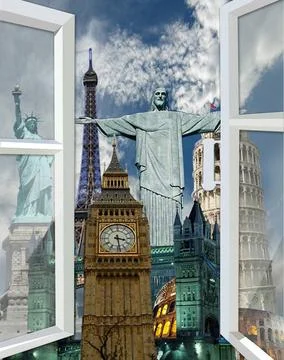  opened window to the places of interest of world opened window to the wor... Stock-Fotos