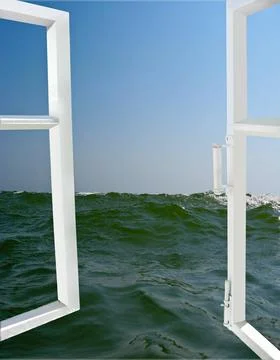 Opened window to the sea image of opened window to the waves of high sea C... Stock Photos