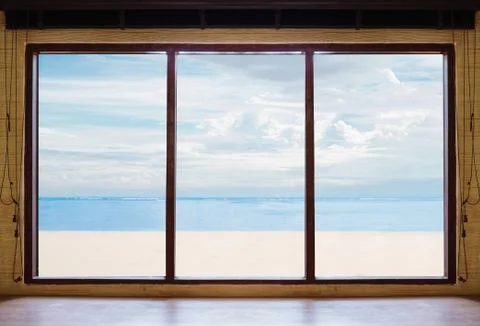 Opened window seeing tropical beach view in summer holiday Stock Photos