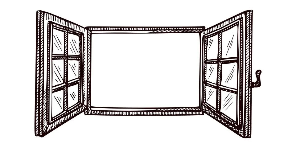 Opened window sketch isolated. Retro element inside wall in hand drawn style. Ilustración de archivo