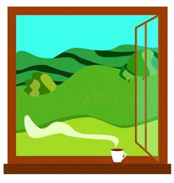 Opened window. spring day. windowsill and fresh air on the field. Stock Illustration