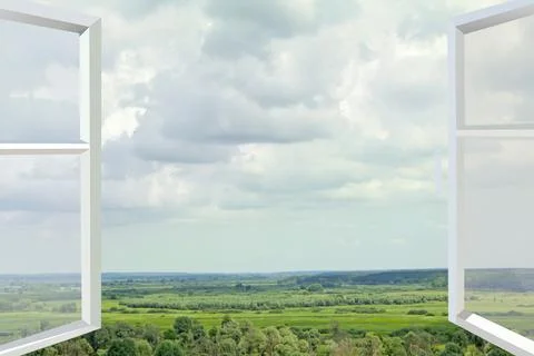 Opened window to summer field. Panorama from opened window. Nature behind win Stock Photos