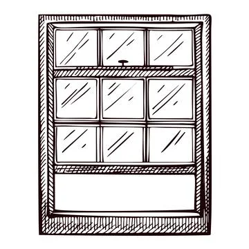 Opened window upward sketch isolated. Retro element inside wall in hand drawn Ilustración de archivo