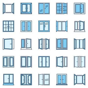 Opened Windows blue icons collecton. Home Window vector signs set Ilustración de archivo