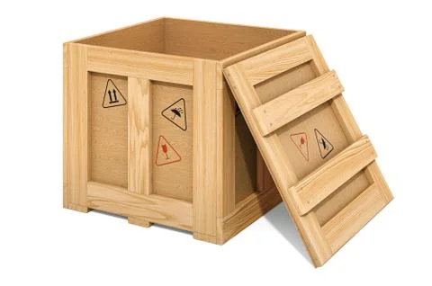 Opened wooden box, parcel. 3d rendering Stockillustratie