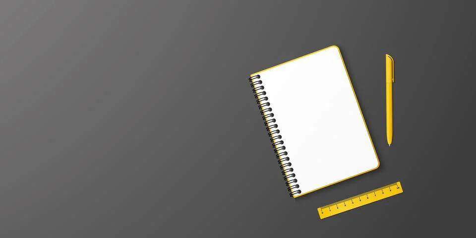 Opened yellow notebook and yellow ball-point pen and ruler on the right, blac Stock Illustration