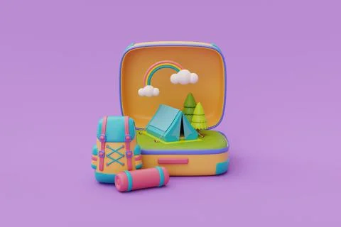 Opened yellow suitcase with backpack and camping element.Tourism and travel p Stock Illustration