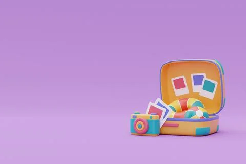 Opened yellow suitcase with camera,photo frame and summer beach elements.Tour Stock Illustration
