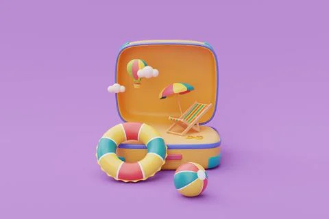 Opened yellow suitcase with summer beach element.Tourism and travel plan to t Stock Illustration