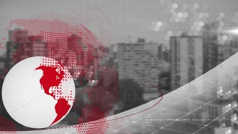 Opener playing, red-white globe rotating, dotted globe parallax shifting, grid Stock Footage 326974478