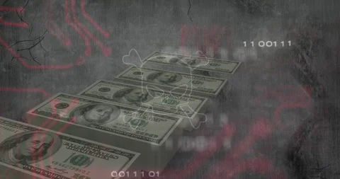 Opening $100 bills receding, circuits fading, digits drifting, skull pulsing Stock Footage 313554235