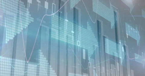 On opening, 3D bars rising, line sweeping, dotted map pulsing, markers cycling, Stock Footage 312656503