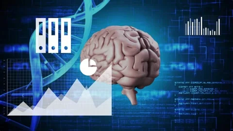 Opening 3D brain floating, device frames expanding with analytics charts Stock Footage 317869153