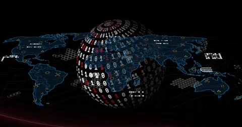 Opening 3D data visual showing rotating binary-digit globe aligning with world Stock Footage 331126173