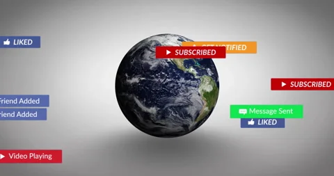 Opening 3D globe rotating, sliding subscribe button, orbiting notifications Stock Footage 311140176