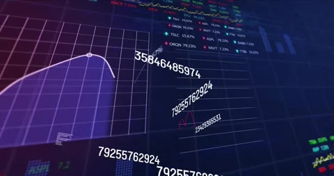 Opening 3D grid rotating number labels then shifting into dual-line graph Stock Footage 330256179