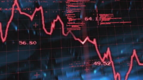 Opening 3D grid starting red line dipping rising while scrolling labels showing Stock Footage 312083002