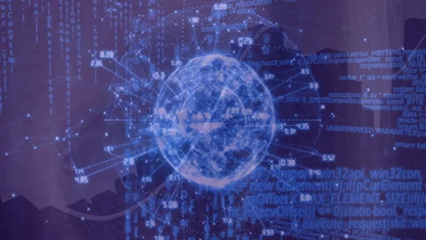 Opening 3D hologram globe pulsing labels then rotating and growing mesh for live Stock Footage 309680293