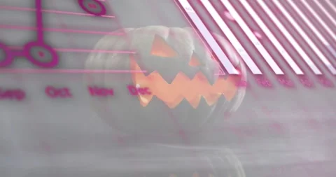 On opening, 3D jack-o'-lantern pulsing with charts sliding and code scrolling Stock Footage 317835516