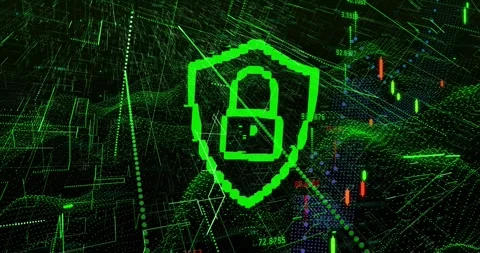 Opening 3D mesh initiating green shield forming padlock locking unlocking charts Stock Footage 317459766