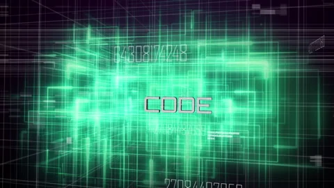 Opening 3D neon wireframe grid coalescing in matrix center, with CODE label Stock Footage 311475194