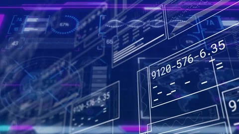 On opening 3D UI gauges appearing and wireframe grid animating sliding panels Stock Footage 329972389
