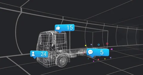 Opening 3D wireframe truck, activating social icons shifting, visualizing Stock Footage 314790229