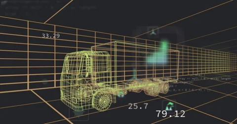 Opening 3D wireframe truck animating green icons, numeric readouts, code Stock Footage 312844946
