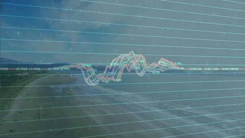Opening aerial beach showing waveform and grid oscillating visualizing shifting Stock Footage 325771647