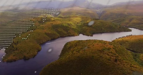 Opening aerial shot starting dotted world map fading in scrolling code and dots Stock Footage 327711985