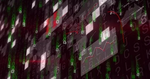 Opening alphanumeric grid streaming binary data and sliding red chart showing Video stock 317407278