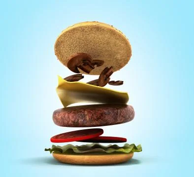 Opening of the American hamburger 3d render on gradient Stock Illustration
